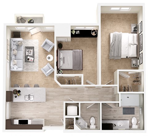 Floor plan for 2 beds, 1.5 baths, 867 sqft